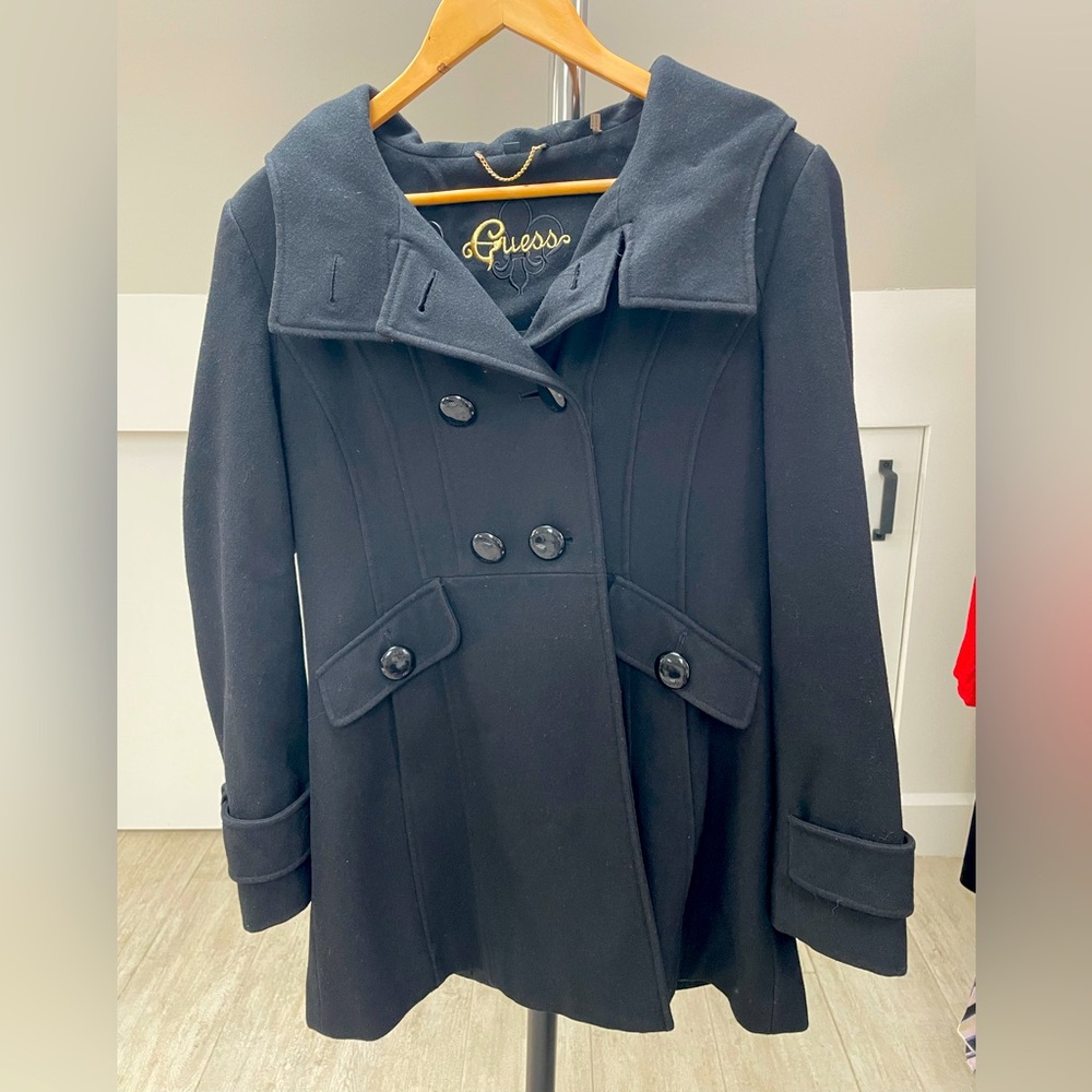 Guess Black Pea Coat with Hood - Large